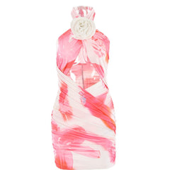 Flower applique cross front ruched contrast self tie mini dress