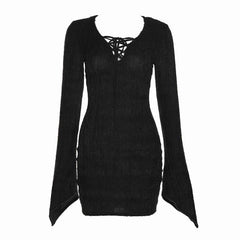 Long sleeve solid knitted hollow out self tie mini dress