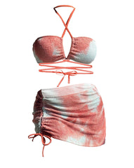 Tie dye halter self tie backless cross front 3 piece swimwear