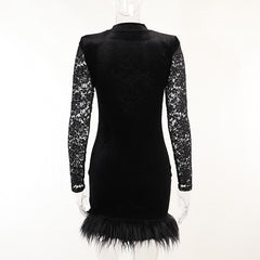 Lace solid see through long sleeve furry mini dress