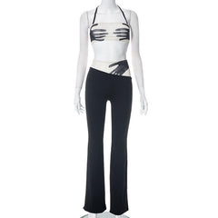 Halter backless mesh patchwork contrast palm pattern pant set