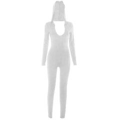Long sleeve hoodie ruched u neck backless solid jumpsuit