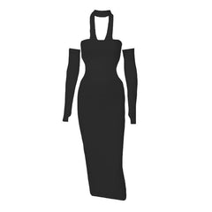 Gloves halter solid button hollow out backless midi dress
