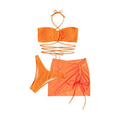 Textured solid halter drawstring cross front self tie 3 piece swimwear