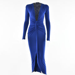 Long sleeve v neck solid ruched slit midi dress