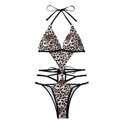 Leopard print contrast halter backless padded bikini swimwear