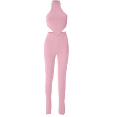 Halter backless sleeveless ribbed solid slit pant set