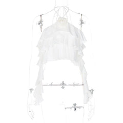 Flower applique solid ruffle halter backless ribbon crop top - Final Sale