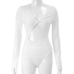 Long sleeve solid v neck hollow out knotted bodysuit