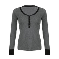Button contrast stitch long sleeve v neck top
