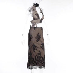 Halter self tie lace backless v neck midi skirt set