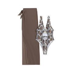 Mesh snakeskin self tie one piece swimwear with beach skirt