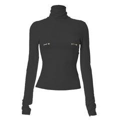 Metal applique turtle neck long sleeve solid top