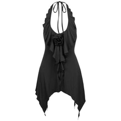 Halter flower applique backless ruffle u neck solid mini dress