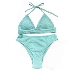 Halter padded textured solid self tie bikini swimwear
