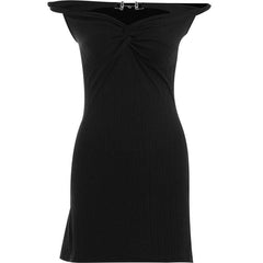 Textured off shoulder metal chain knotted mini dress