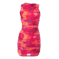 Ruched tie dye sleeveless crewneck mesh mini dress - Final Sale