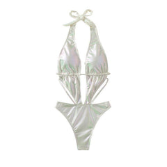 Metallic solid hollow out halter self tie padded one piece swimwear