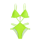 Stone decor solid hollow out backless cami one piece swimwear