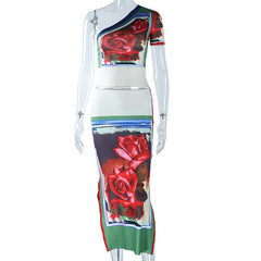 Flower print contrast one shoulder irregular slit midi skirt set
