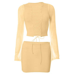 Long sleeve hollow out lace up mesh mini skirt set