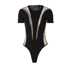 Mesh patchwork short sleeve contrast bodysuit