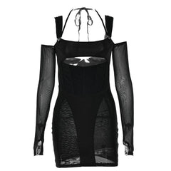Gloves mesh corset off shoulder hollow out long sleeve halter mini dress