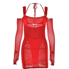 Gloves mesh corset off shoulder hollow out long sleeve halter mini dress