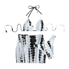 Tie dye contrast self tie halter backless mini skirt 3 piece swimwear