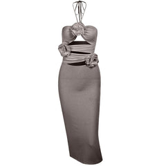 Solid halter slit ruched hollow out flower applique midi dress