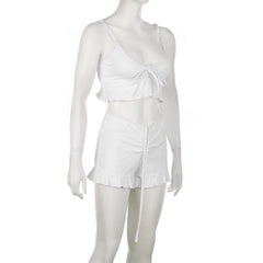 Drawstring ruffle solid self tie v neck cami pant set