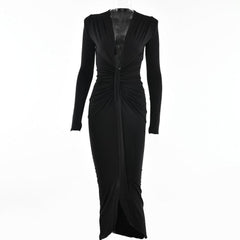 Long sleeve v neck solid ruched slit midi dress