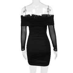 Flower applique mesh ruched off shoulder long sleeve mini dress