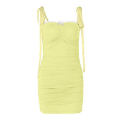 Ruched lace hem self tie square neck backless mini dress