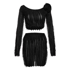 Long sleeve flower applique textured ruffle solid mini skirt set