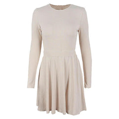 Ribbed long sleeve solid button hollow out crewneck mini dress