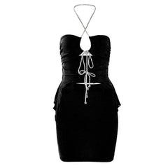 Cross front hollow out halter ruched backless mini skirt set