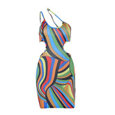 Contrast print irregular hollow out one shoulder mini dress
