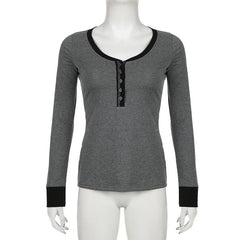 Button contrast stitch long sleeve v neck top