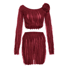 Long sleeve flower applique textured ruffle solid mini skirt set