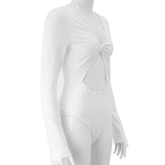 Long sleeve solid v neck hollow out knotted bodysuit