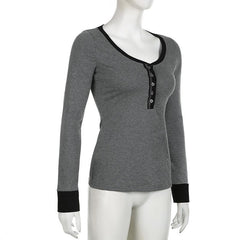 Button contrast stitch long sleeve v neck top