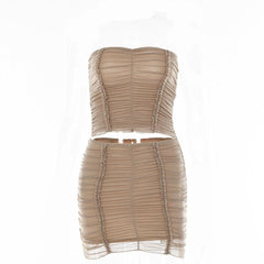 Sleeveless solid mesh textured backless mini skirt set