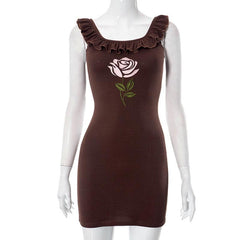 Ribbed cap sleeve flower embroidery ruffle mini dress