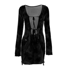 Long sleeve contrast print self tie ruffle mini dress