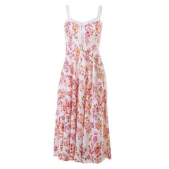 Flower print ruched self tie sleeveless contrast slit zip-up midi dress