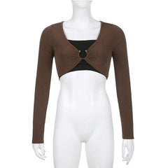 Long sleeve solid o ring ruched hollow out crop top