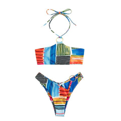 Contrast striped print o ring halter backless bikini swimwear