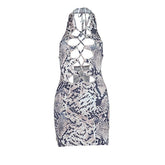 Snakeskin print hollow out self tie backless mini dress
