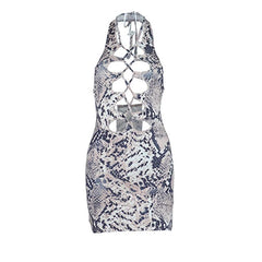 Snakeskin print hollow out self tie backless mini dress